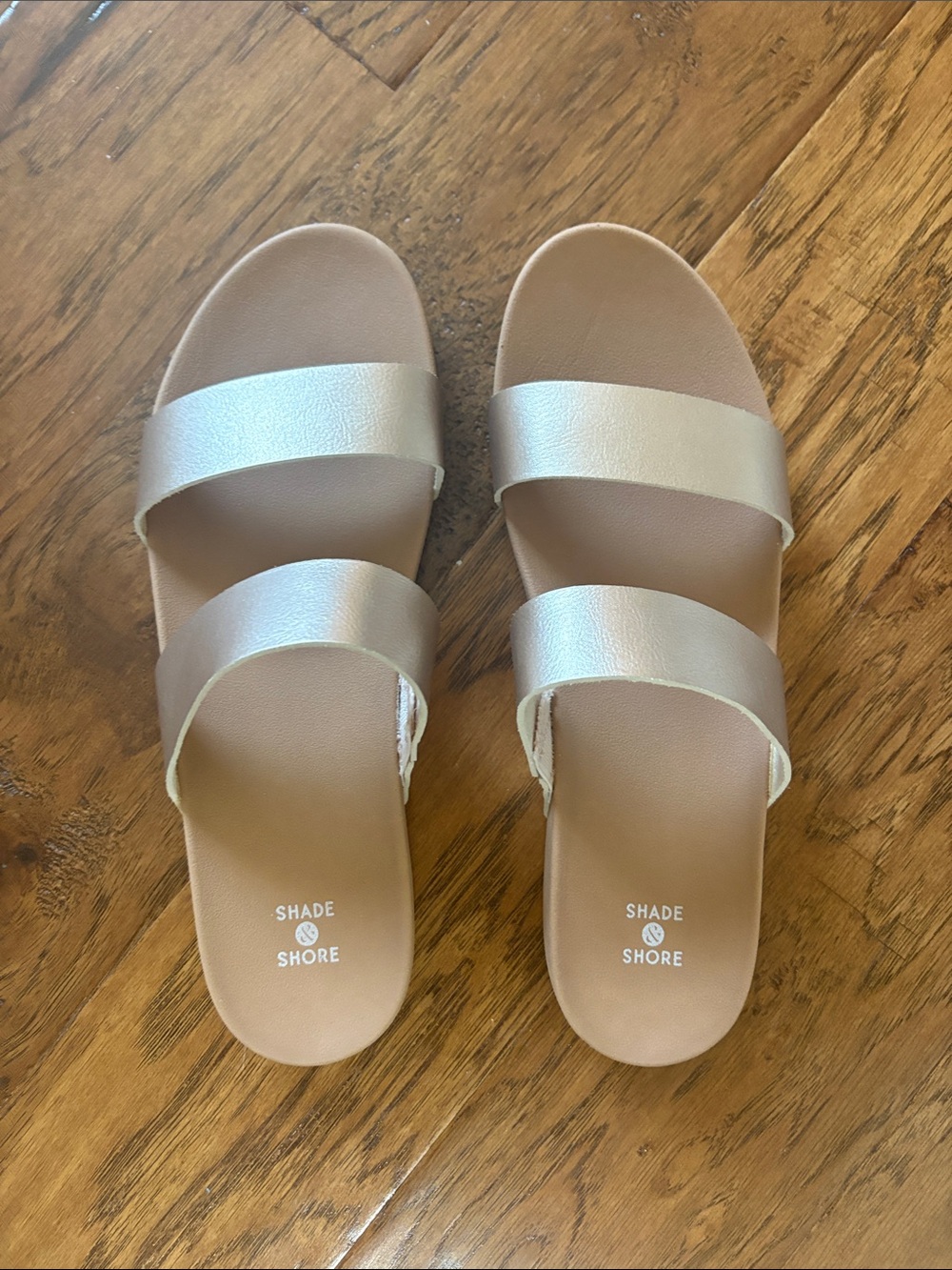 Shade & Shore Women's Double Strap Slide Sandals in Metallic Champagne